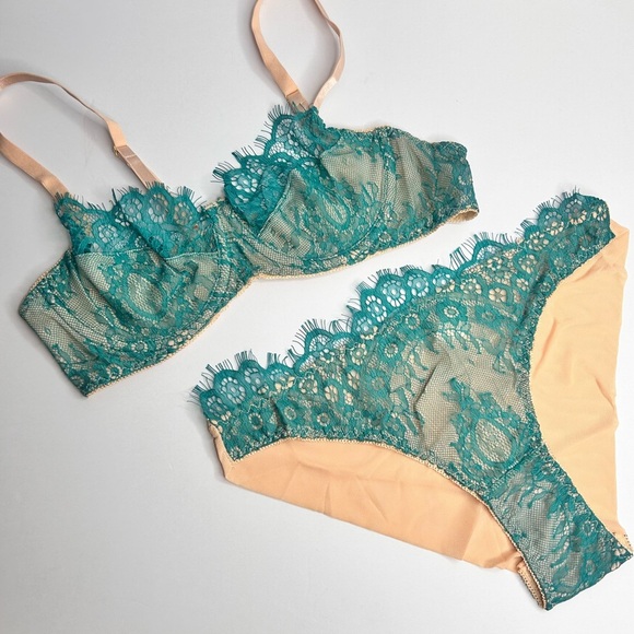 Bra & Panties Set NEW Eyelash Lace Overlay Teal Green Over Nude Mesh Luxurious - Picture 15 of 17